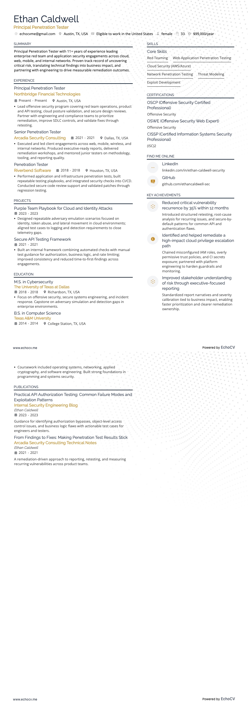 Principal Penetration Tester example resume