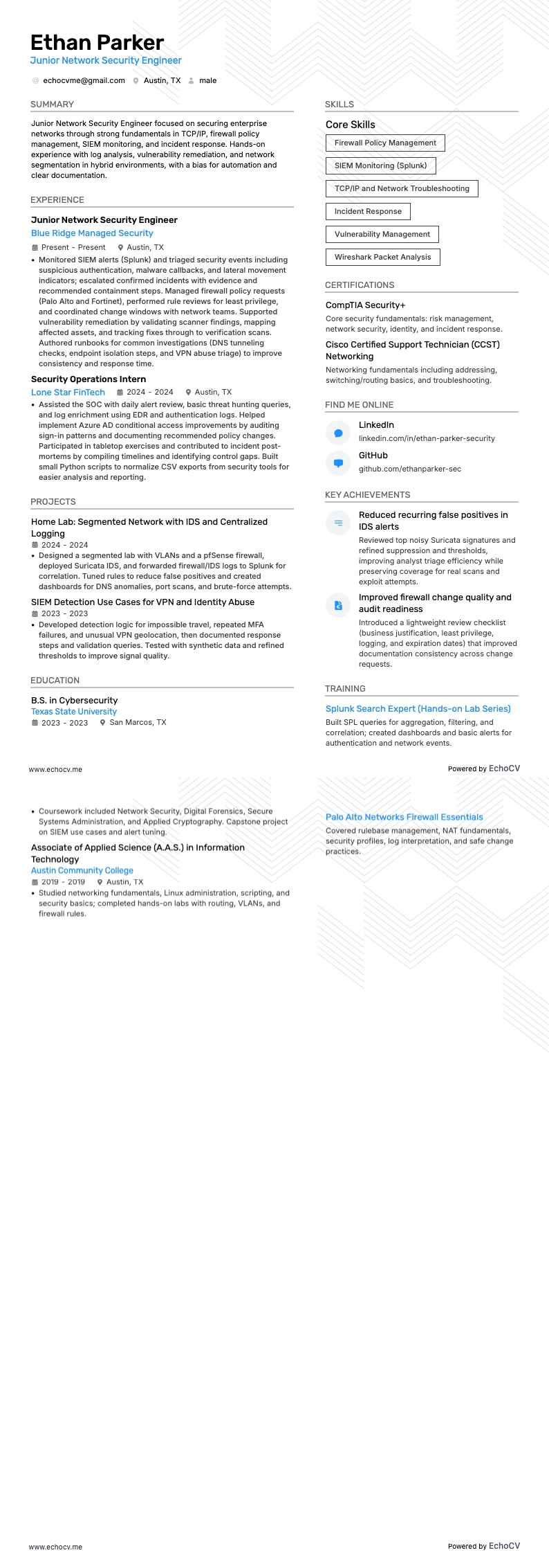 Engenheiro júnior de segurança de redes example resume