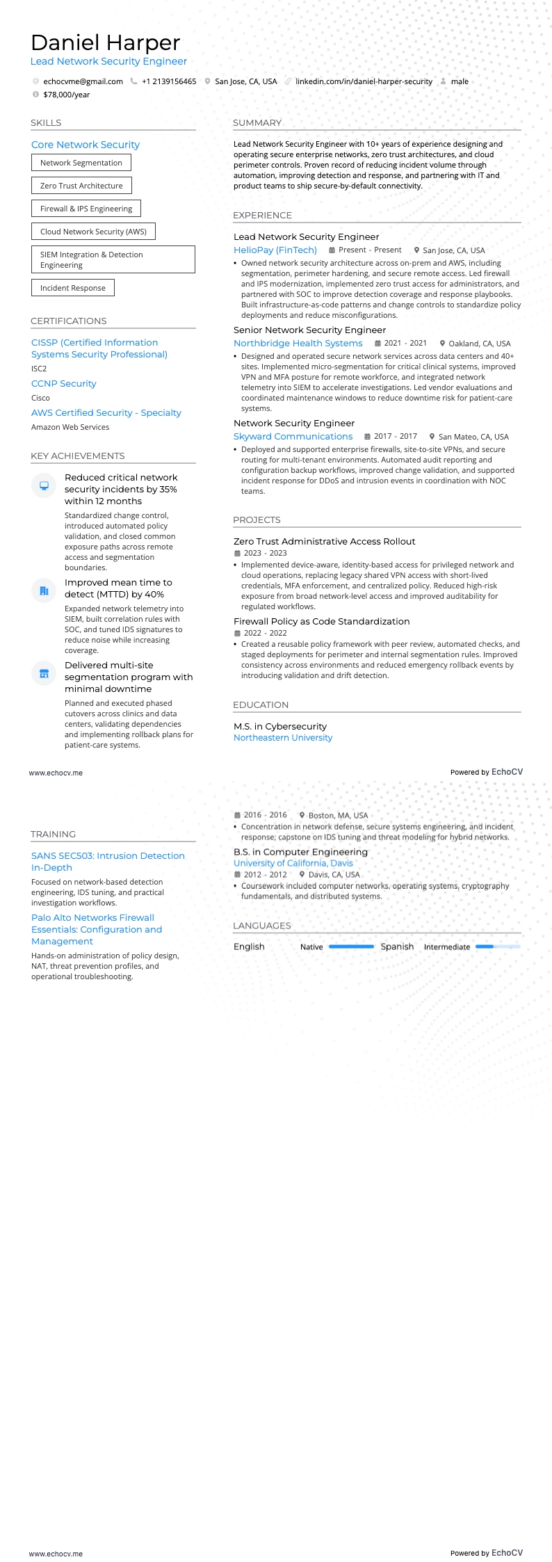 Engenheiro de Segurança de Redes resume example