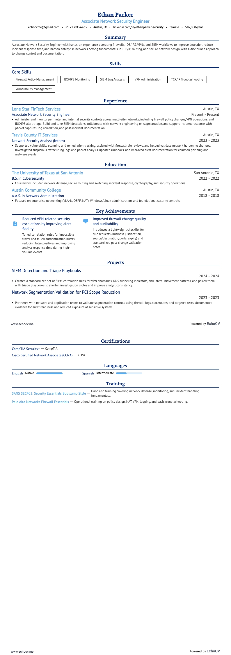 Engenheiro associado de segurança de redes example resume