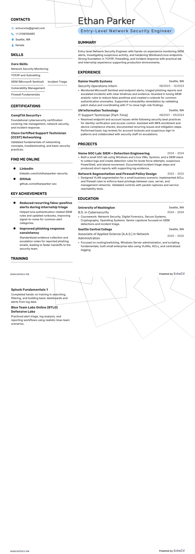 Engenheiro de Segurança de Redes Júnior example resume