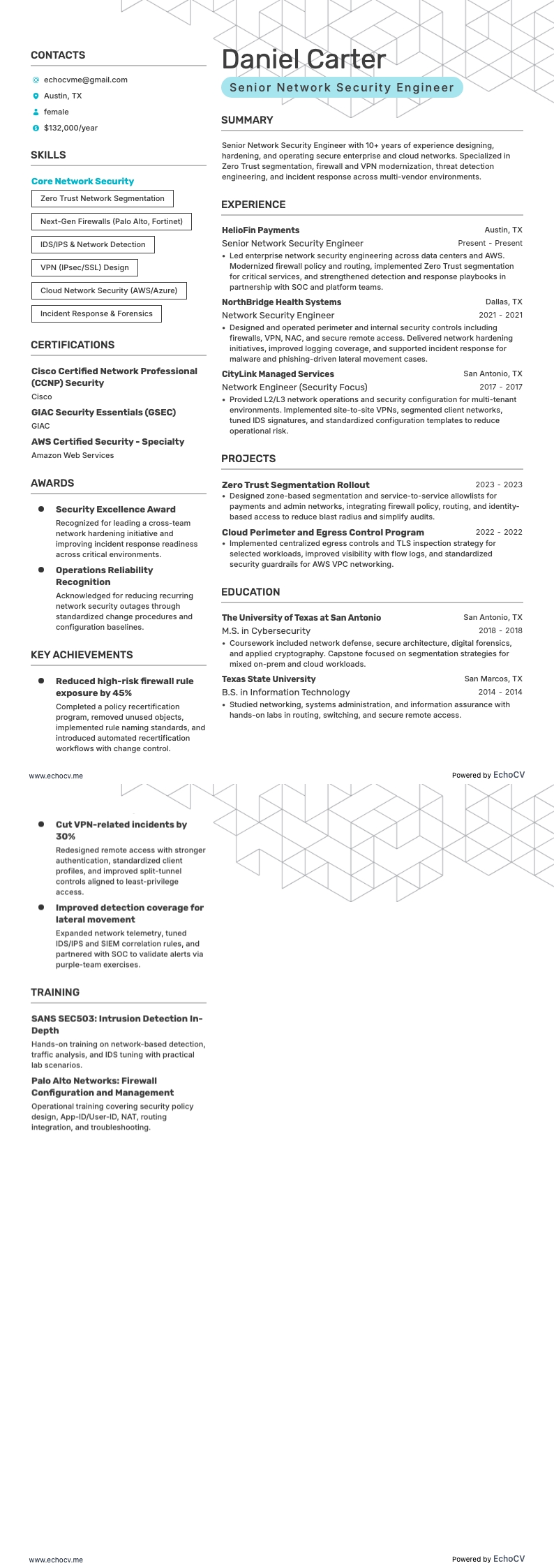 Engenheiro sênior de segurança de redes example resume