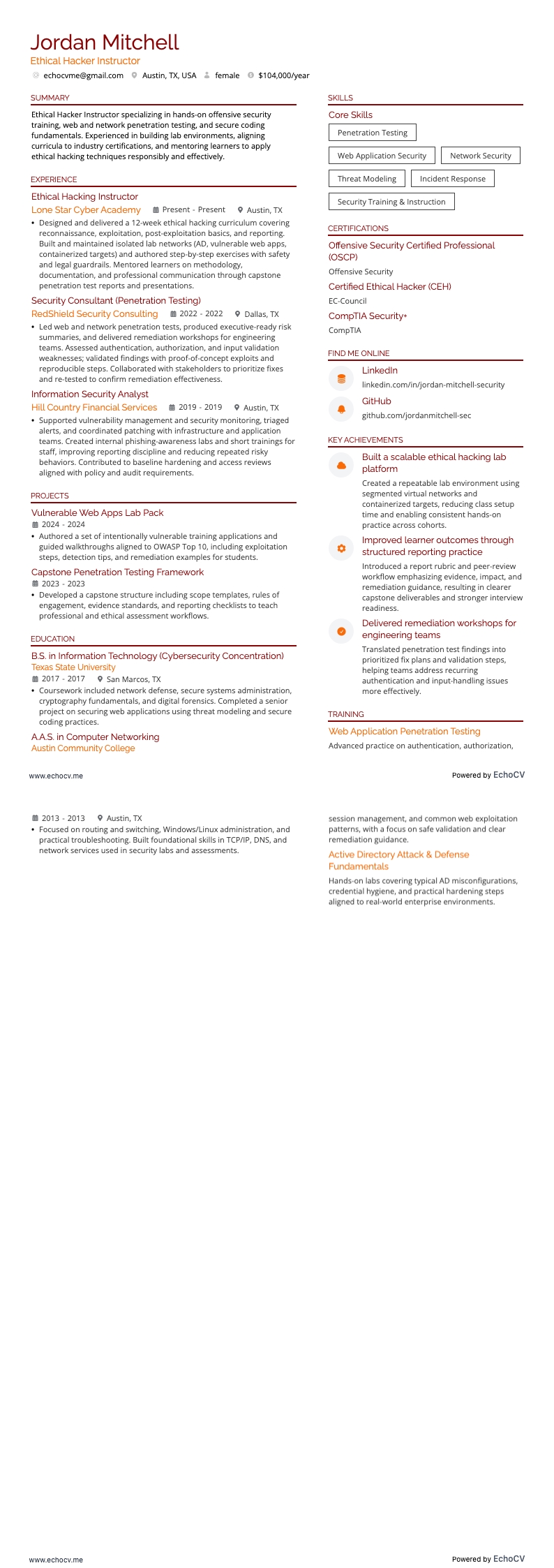 エシカルハッキング講師 example resume