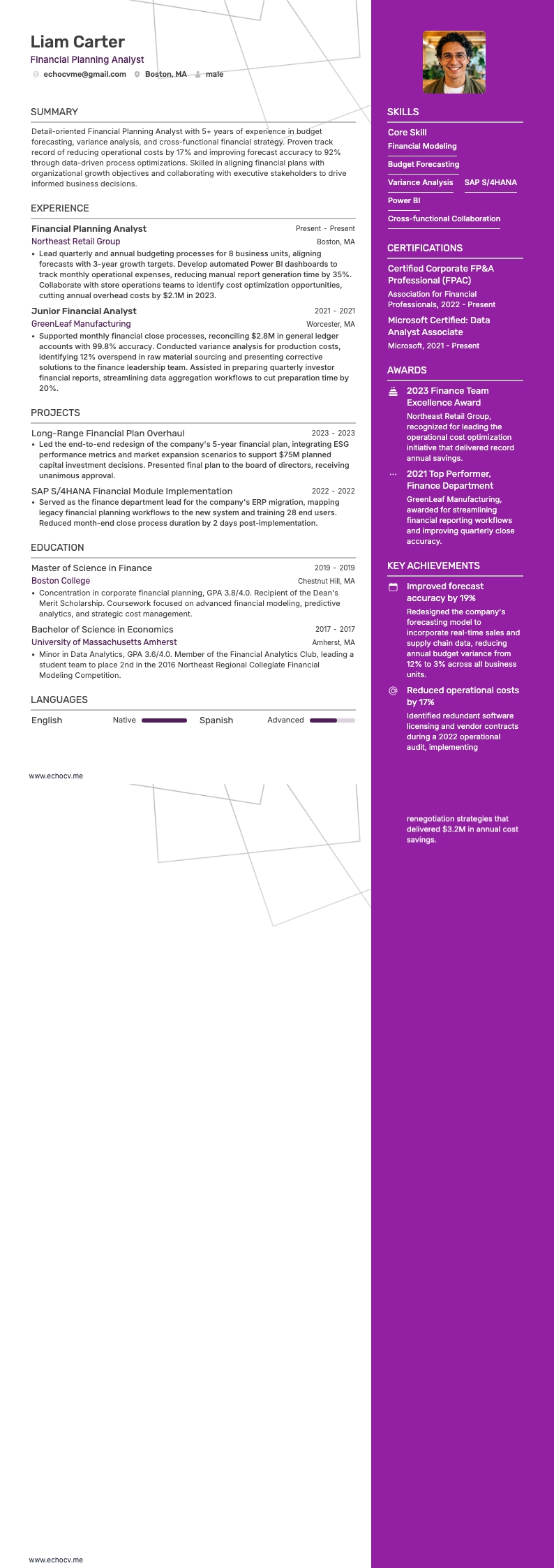 Financial Planning Analyst example resume