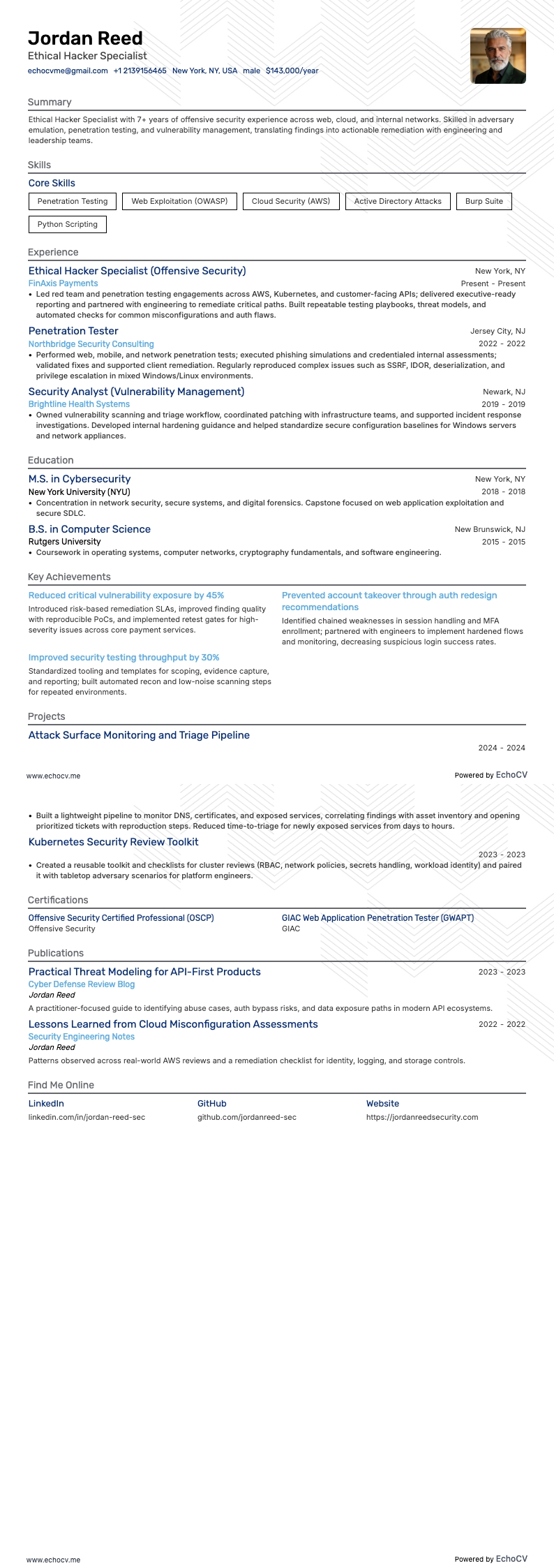 倫理的ハッキングスペシャリスト example resume