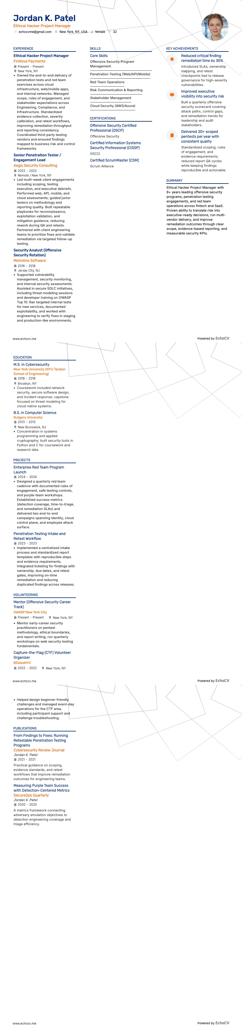 エシカルハッキング プロジェクトマネージャー example resume