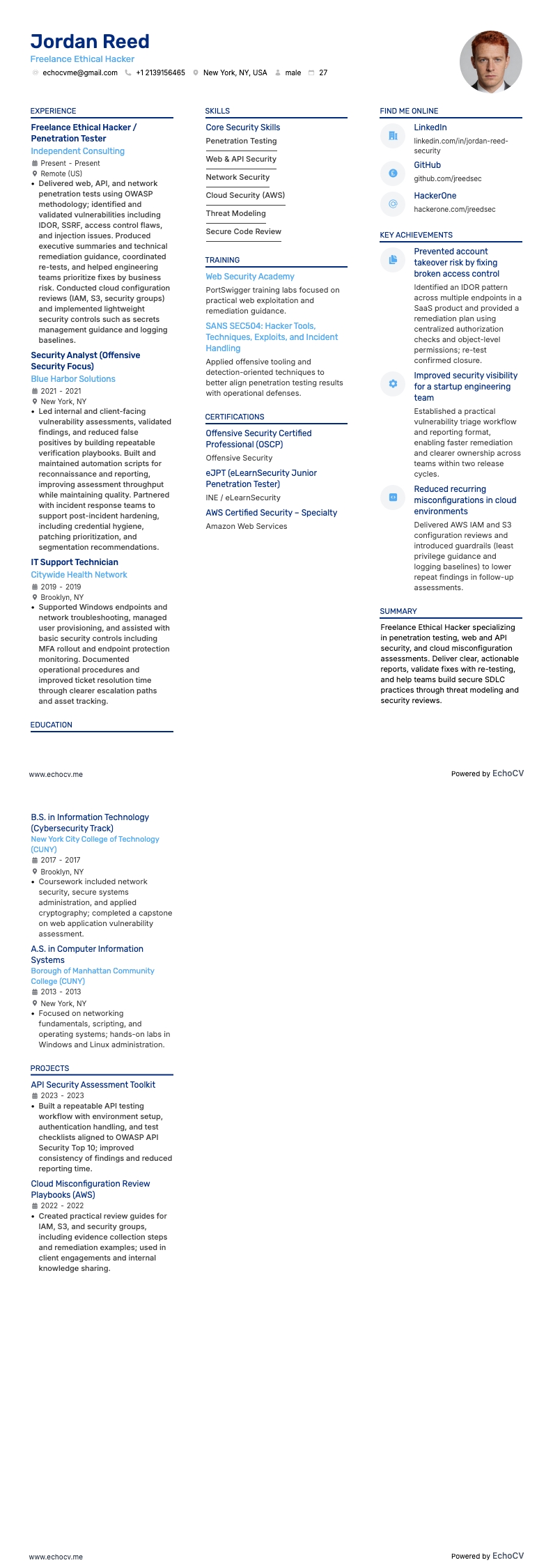 フリーランスのエシカルハッカー example resume