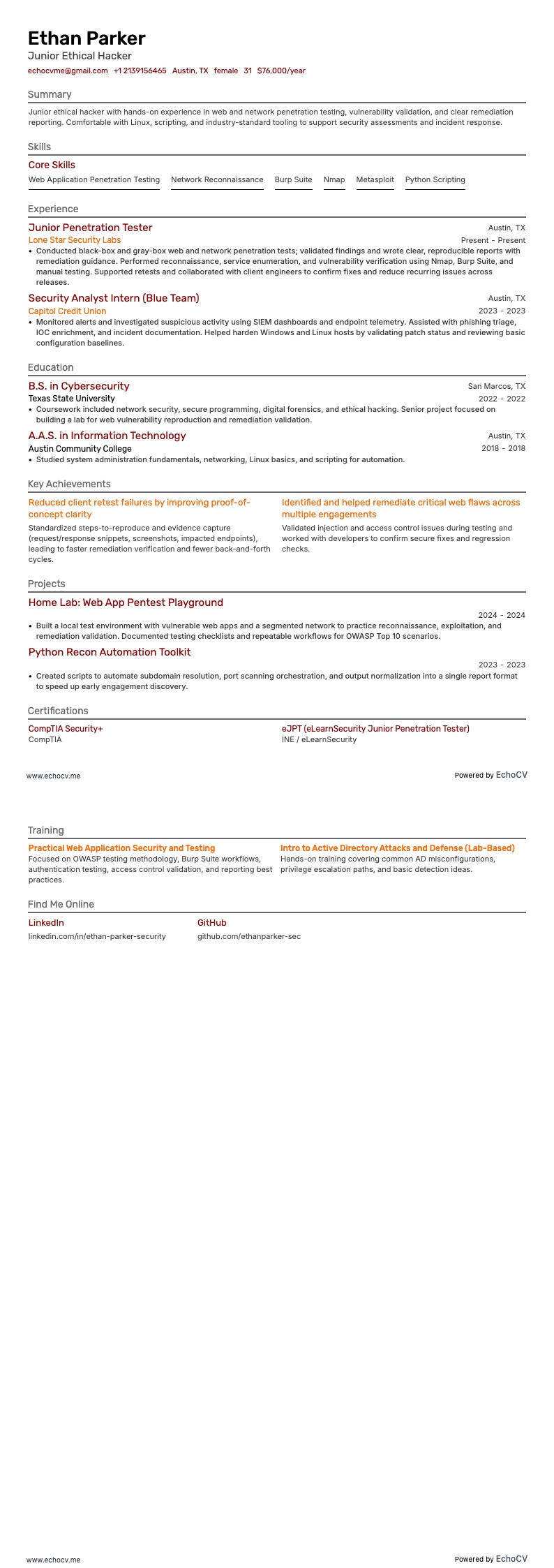 ジュニア倫理的ハッカー example resume