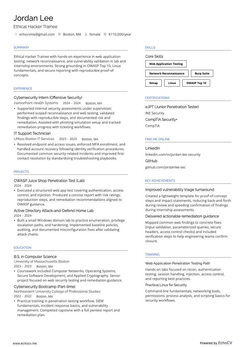 倫理的ハッカー研修生 example resume
