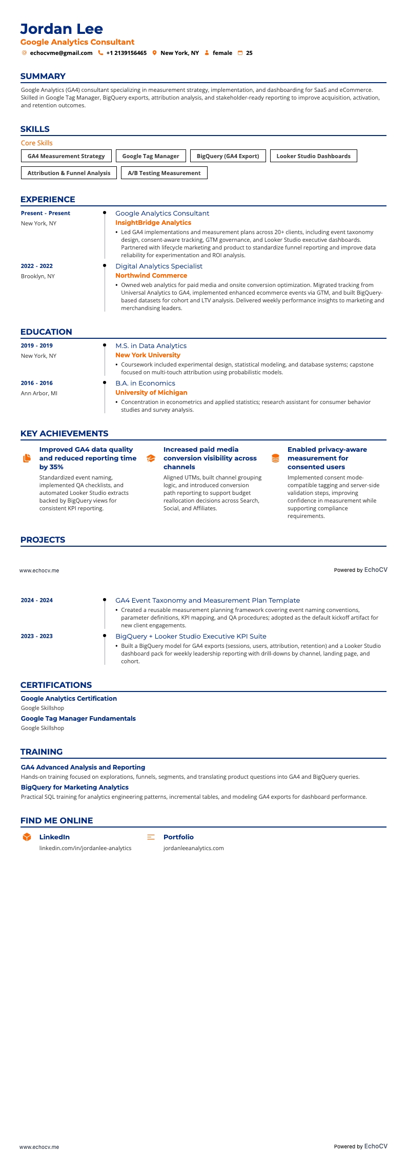 Google Analytics Consultant example resume