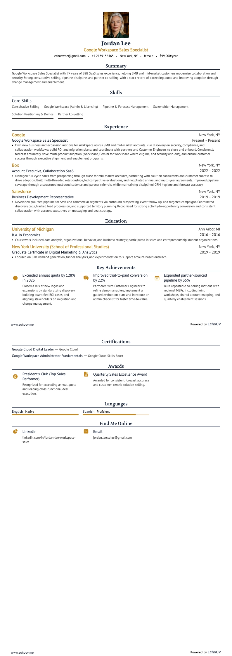 Google Workspace Sales Specialist example resume