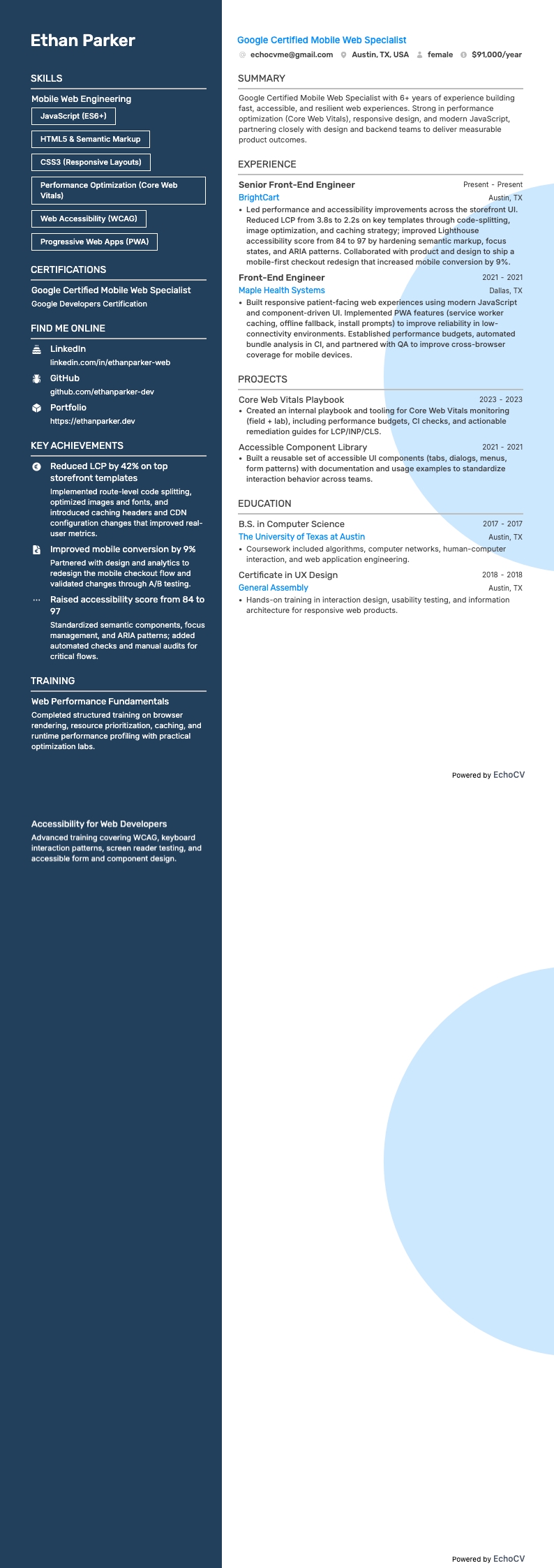 Google Certified Mobile Web Specialist example resume