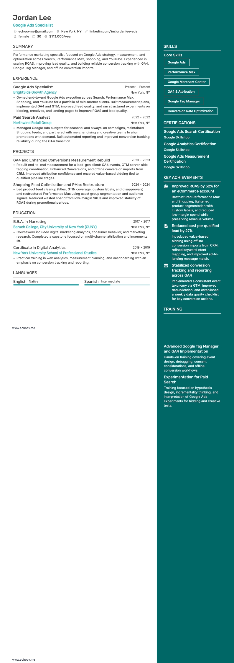 Google Ads Specialist example resume