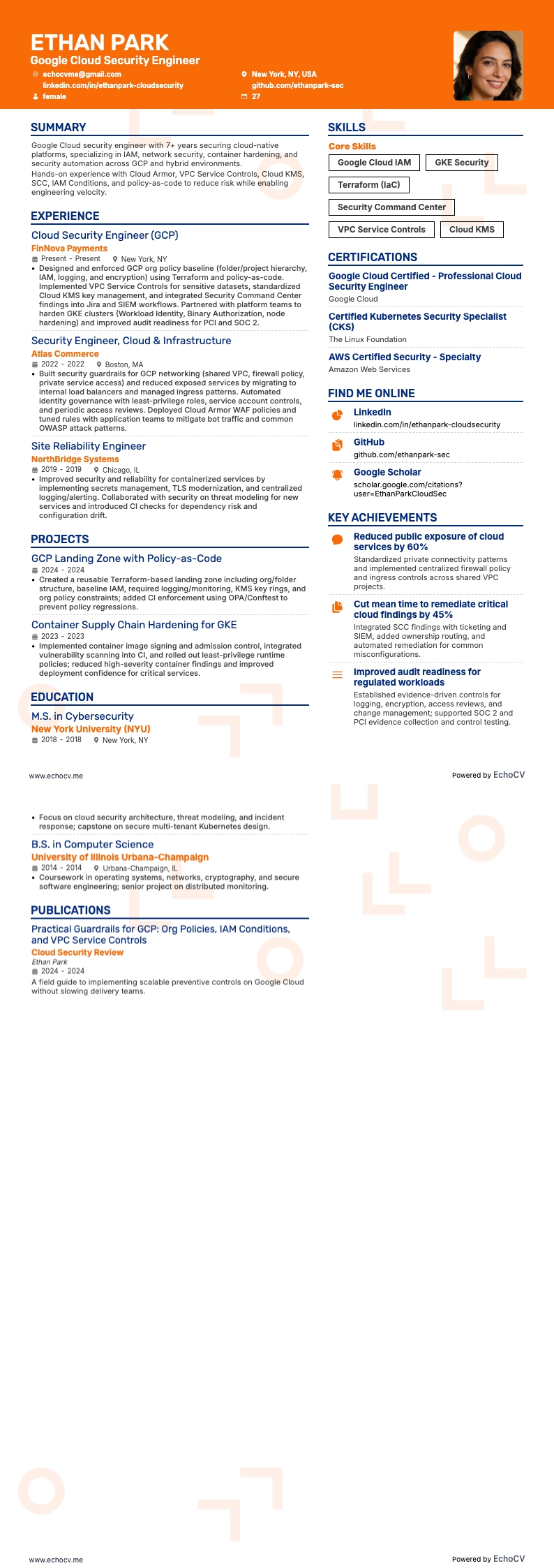 Google Cloud Security Engineer example resume