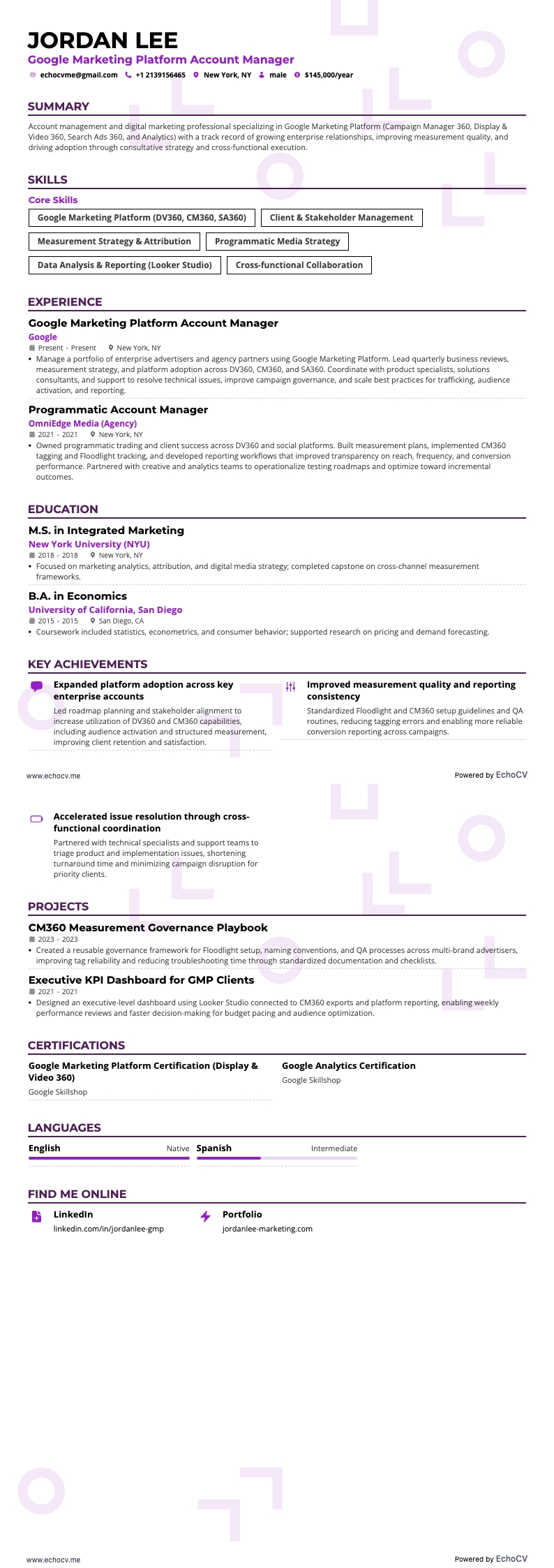 Google Marketing Platform Account Manager example resume