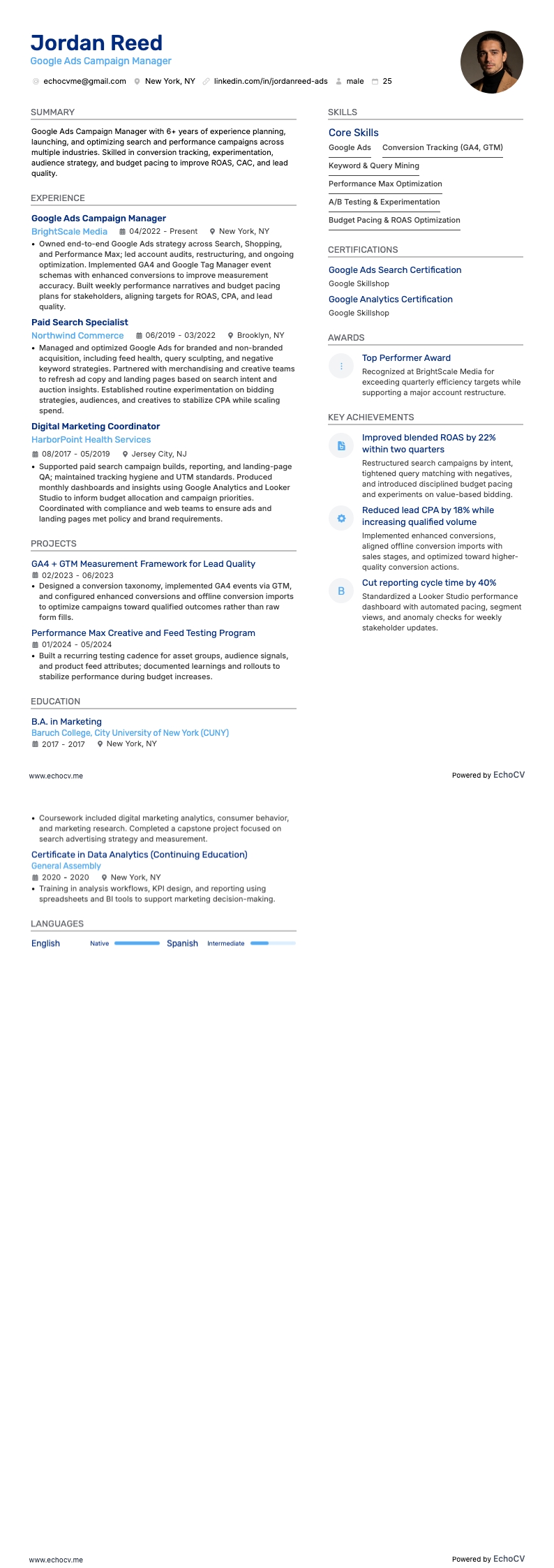 Google Ads Campaign Manager example resume
