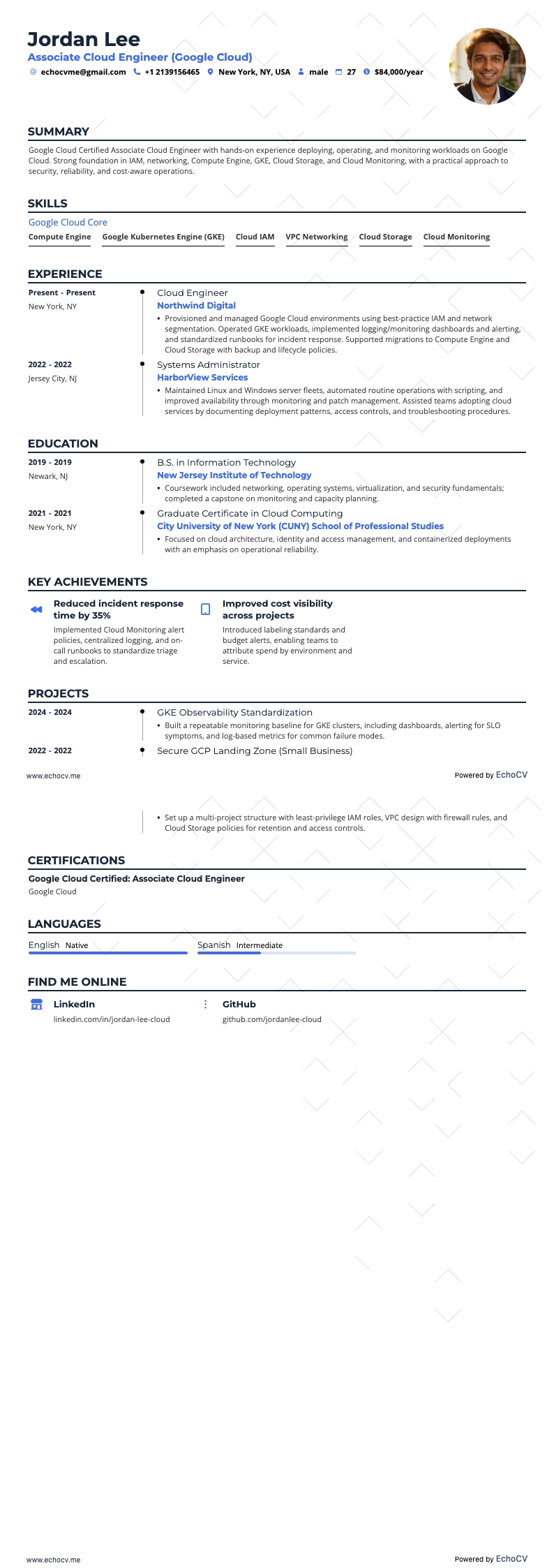 Google Cloud Certified Associate Cloud Engineer example resume