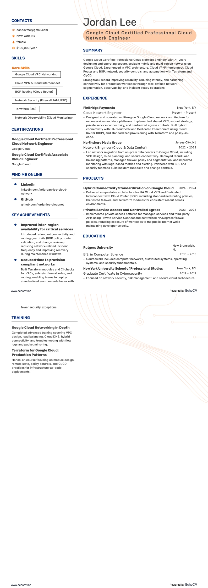 Google Cloud Certified Professional Cloud Network Engineer example resume