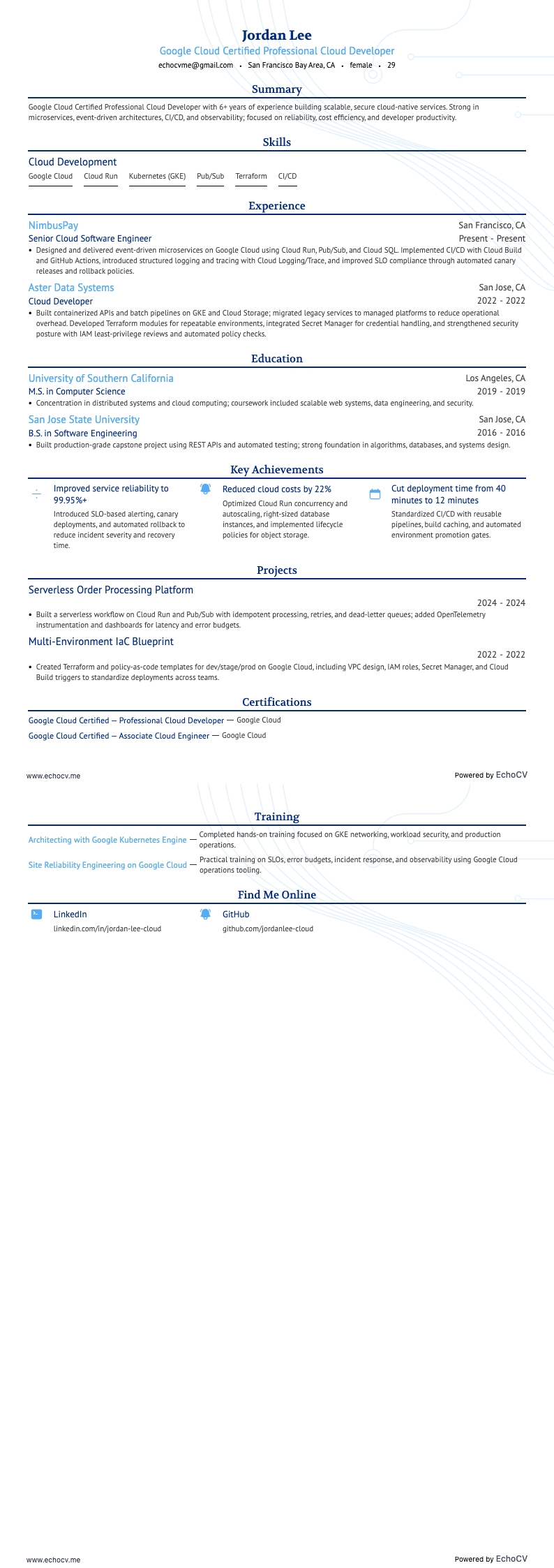 Google Cloud Certified Professional Cloud Developer example resume