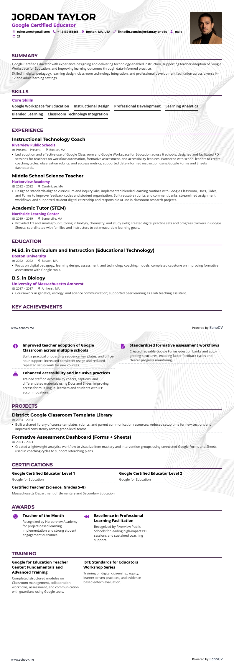 Google Certified Educator example resume