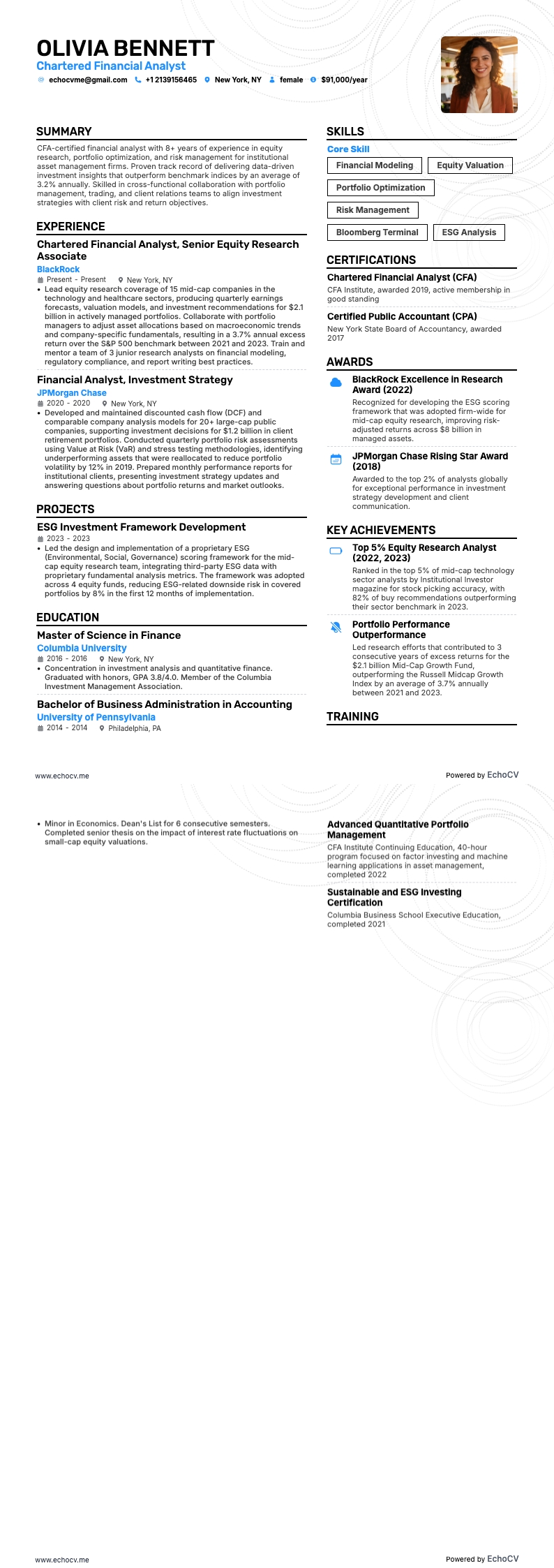 Chartered Financial Analyst example resume