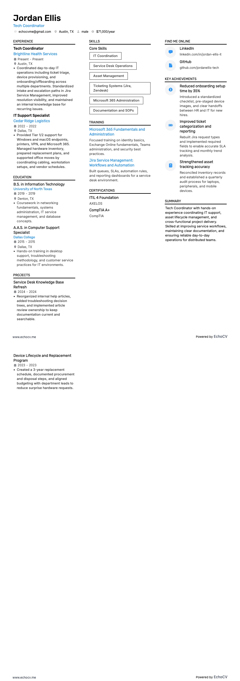 Tech Coordinator example resume