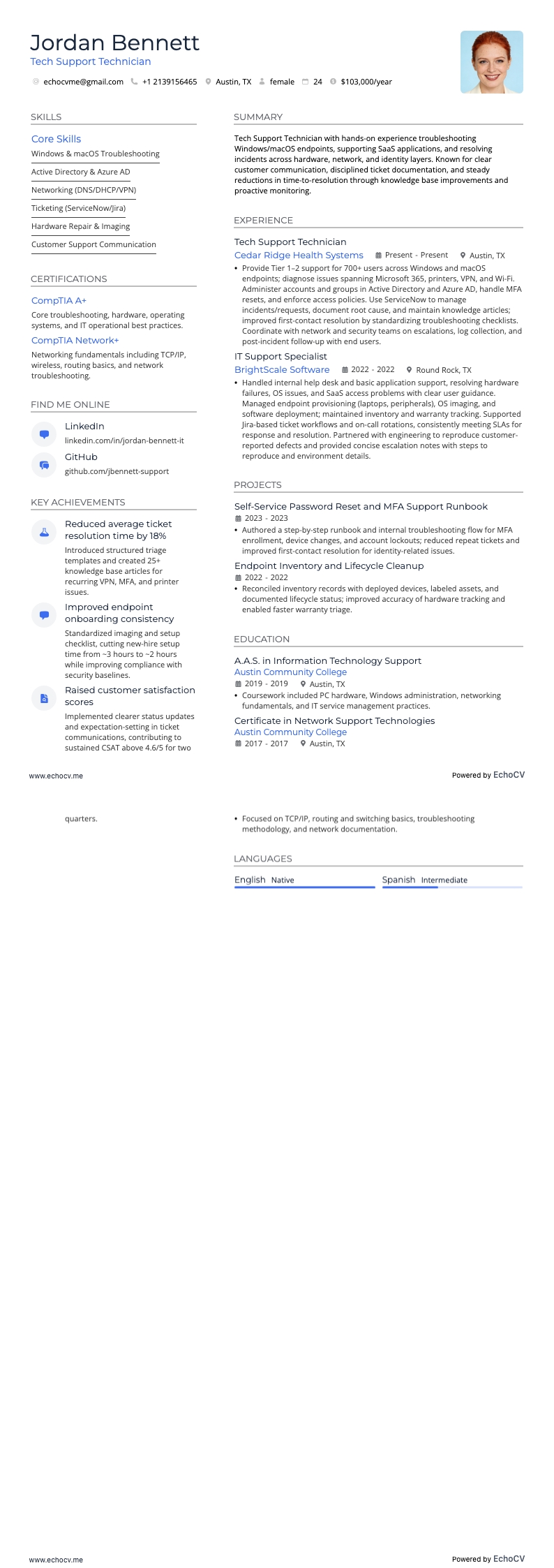 Tech Support Technician example resume