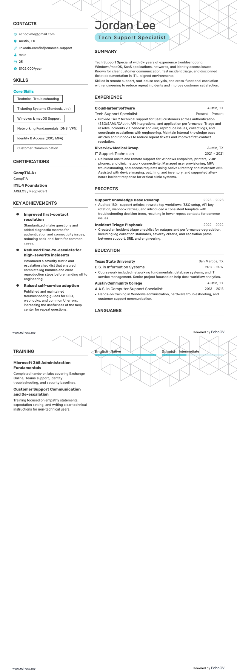Tech Support Specialist example resume