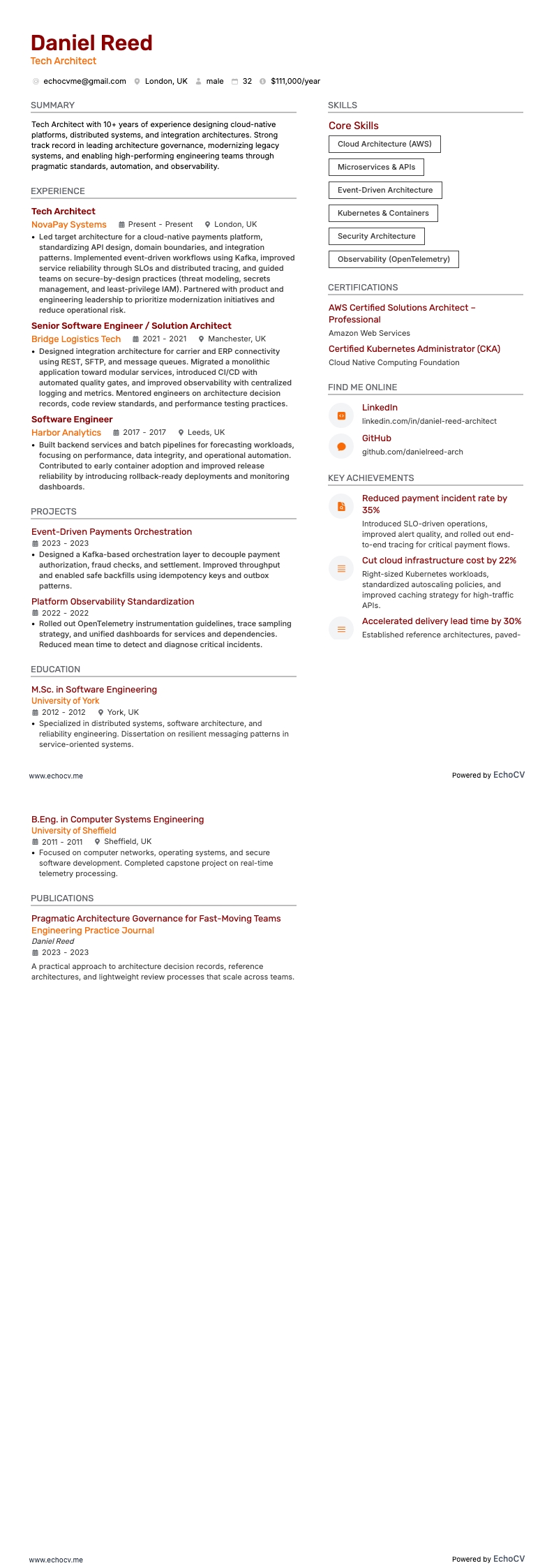 Tech Architect example resume