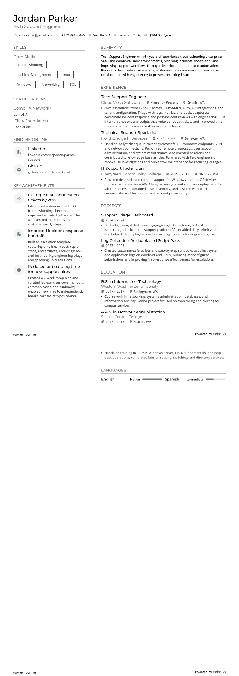 Tech Support Engineer example resume