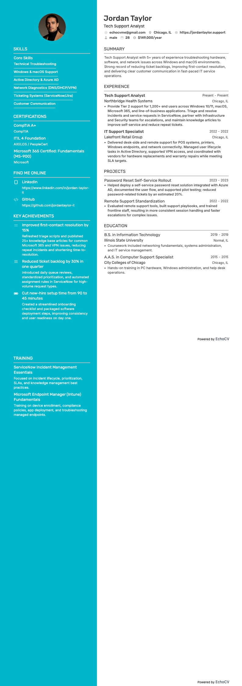 Tech Support Analyst example resume