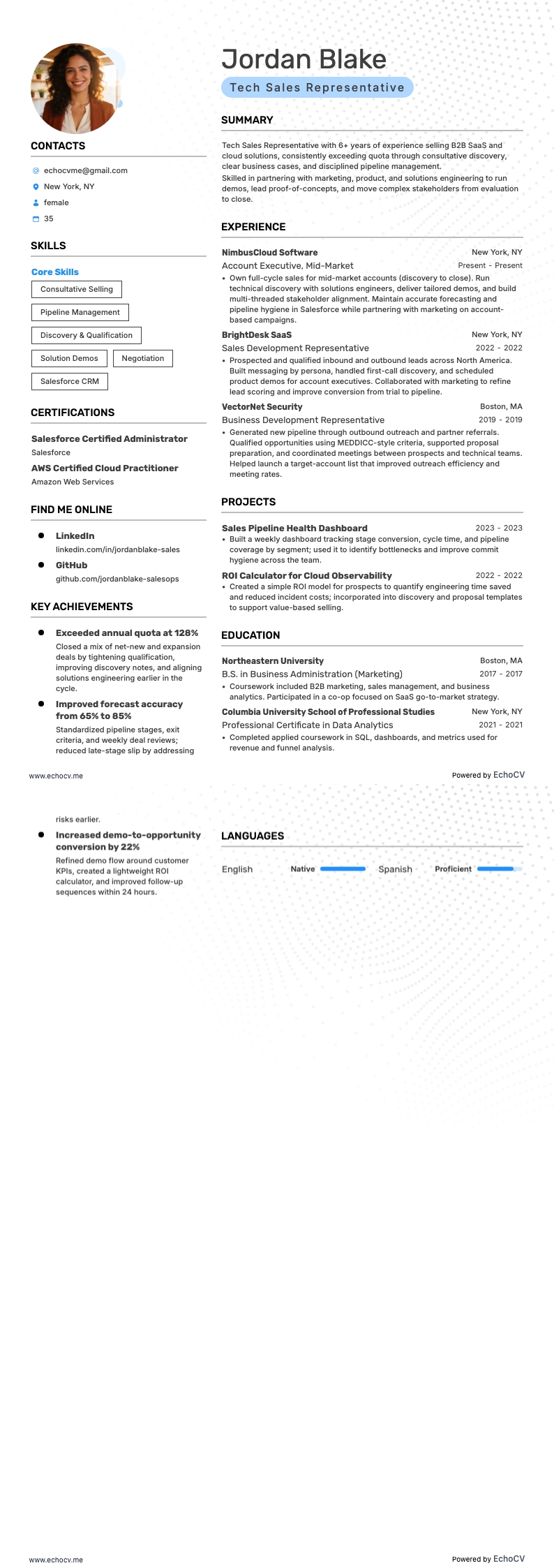 Tech Sales Representative example resume