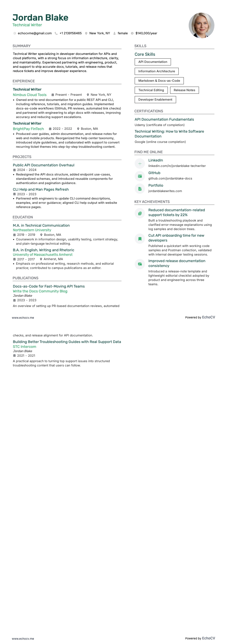 Tech Writer example resume