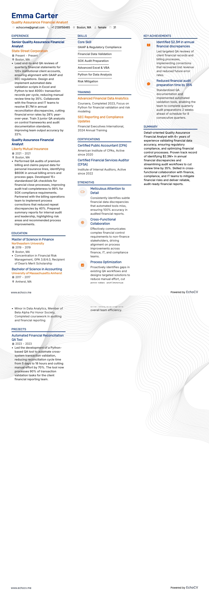 Quality Assurance Financial Analyst example resume