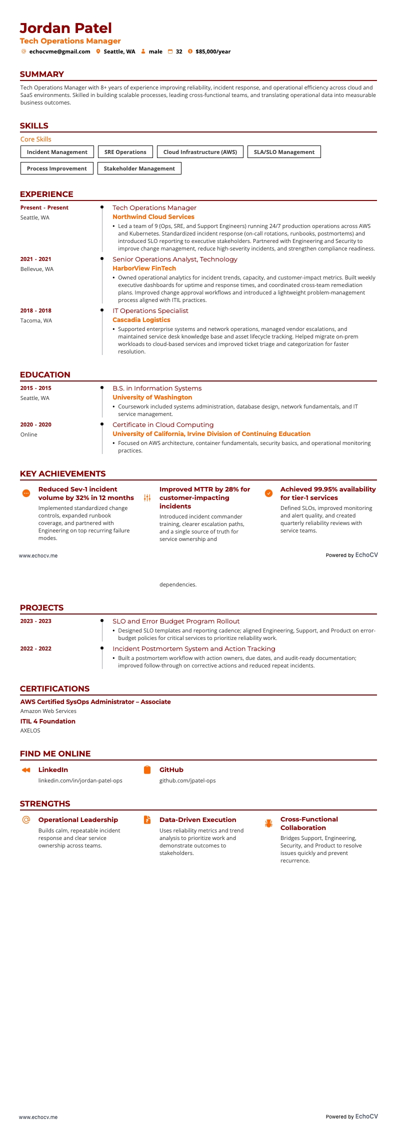 Tech Operations Manager example resume