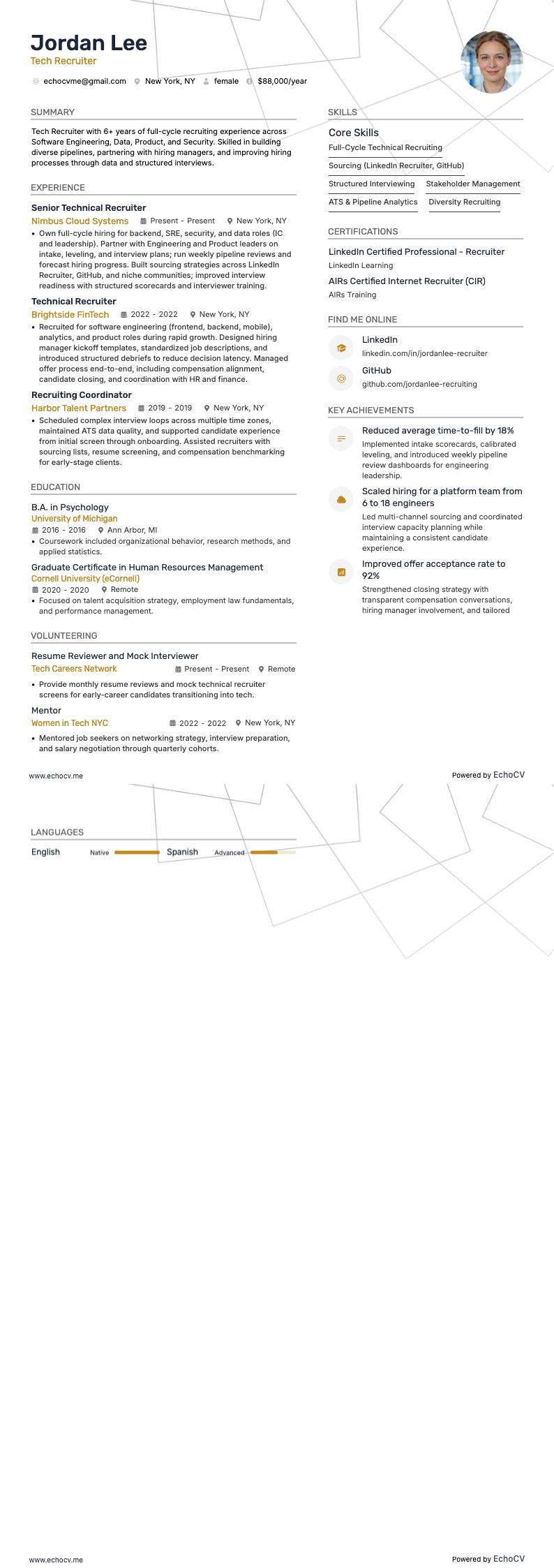 Tech Recruiter example resume