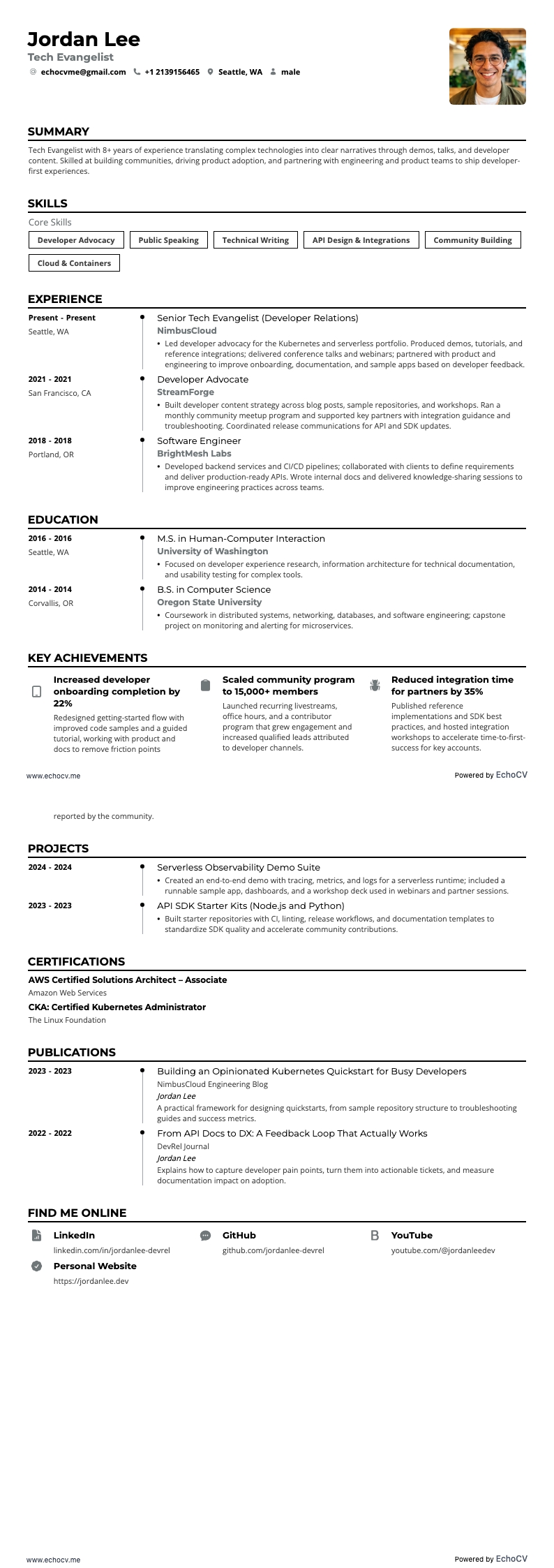 Tech Evangelist example resume