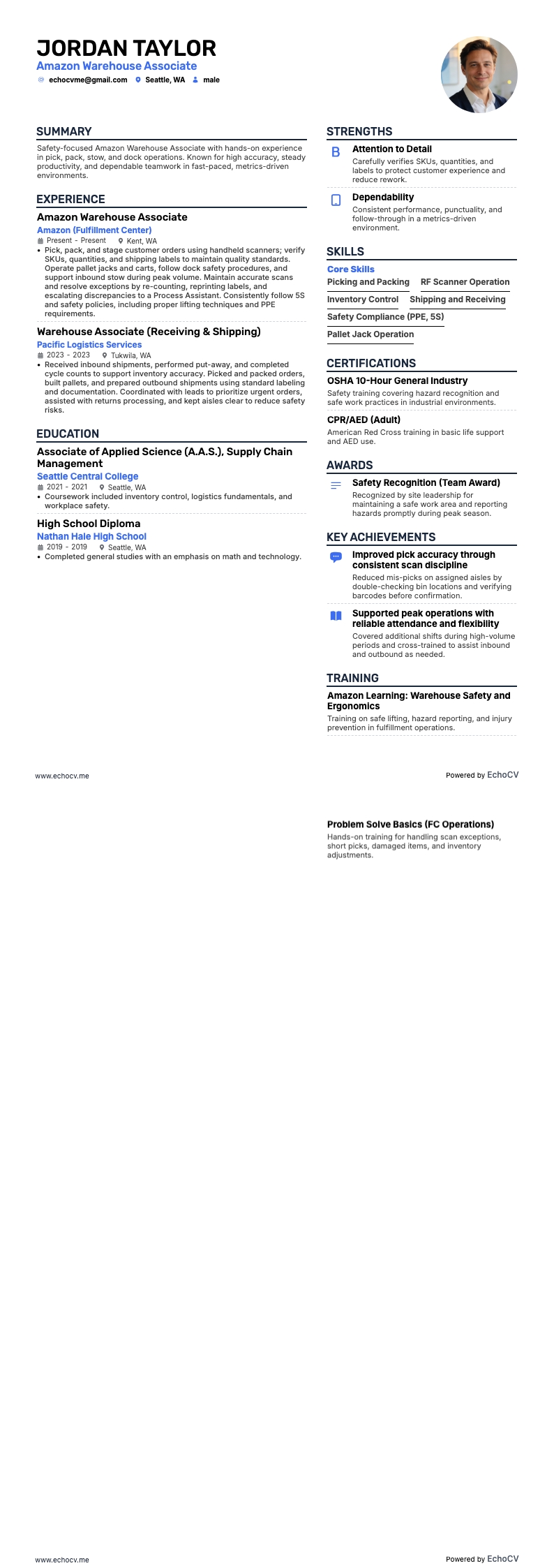 Amazon Warehouse Associate example resume