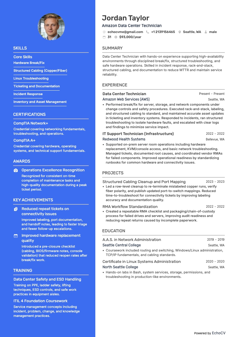 Amazon Data Center Technician example resume