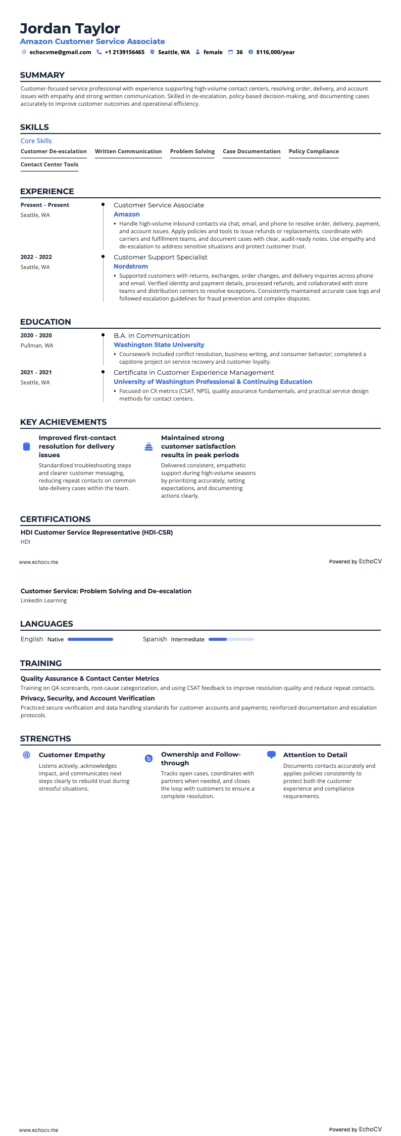 Amazon Customer Service Associate example resume