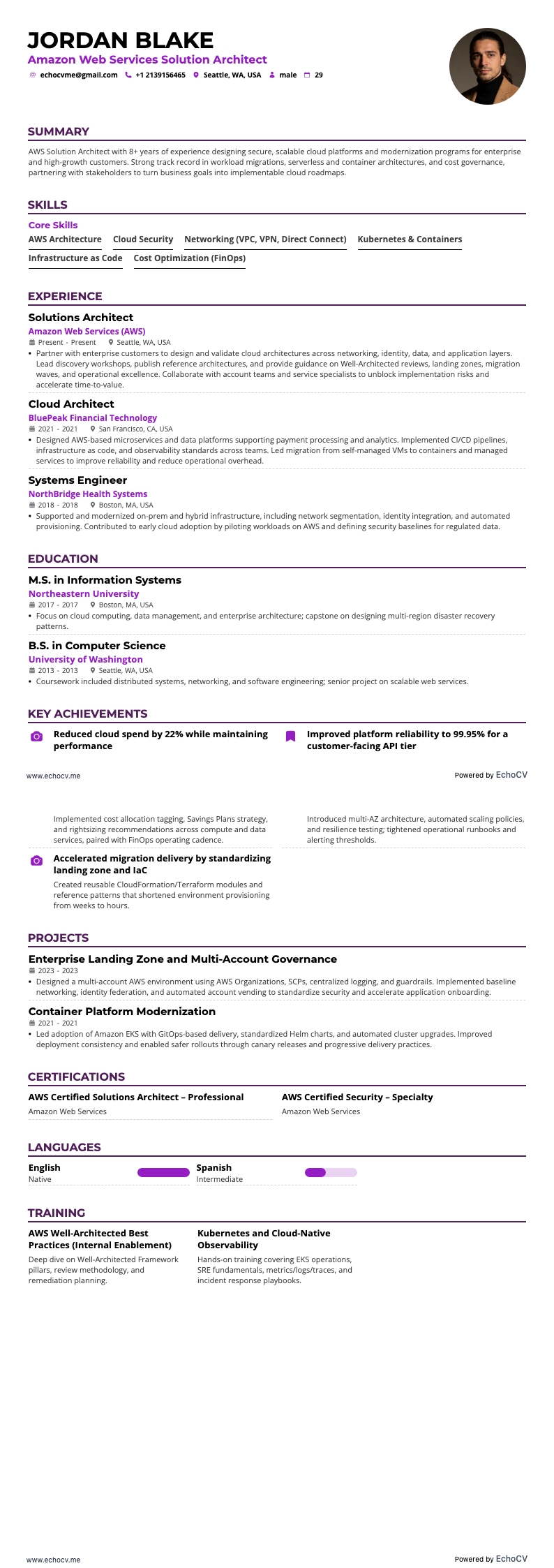 Amazon Web Services Solution Architect example resume