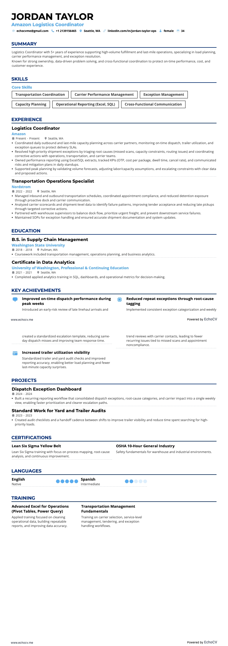 Amazon Logistics Coordinator example resume