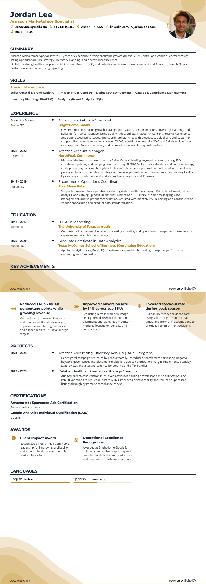 Amazon Marketplace Specialist example resume