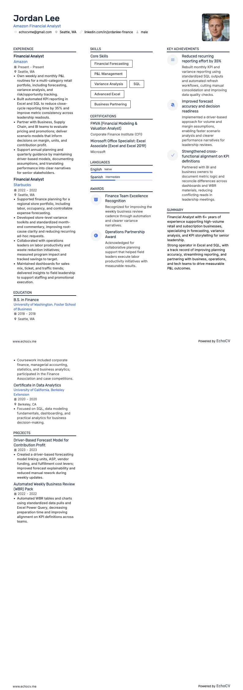 Amazon Financial Analyst example resume