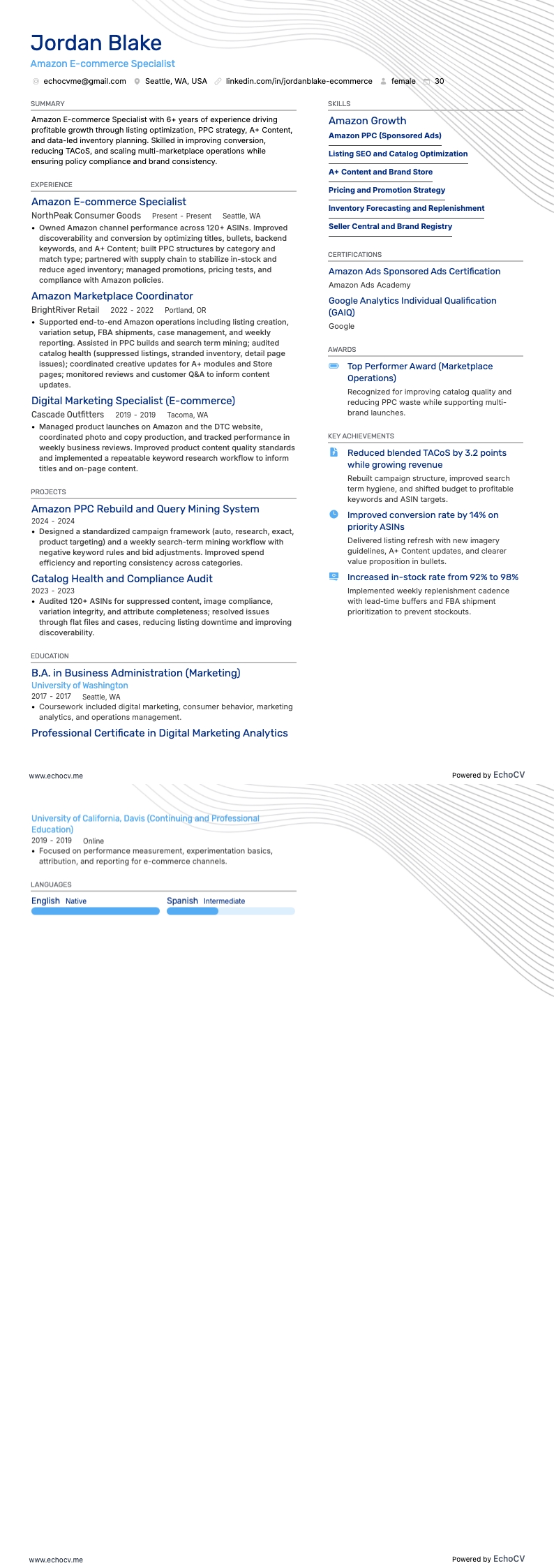 Amazon E-commerce Specialist example resume