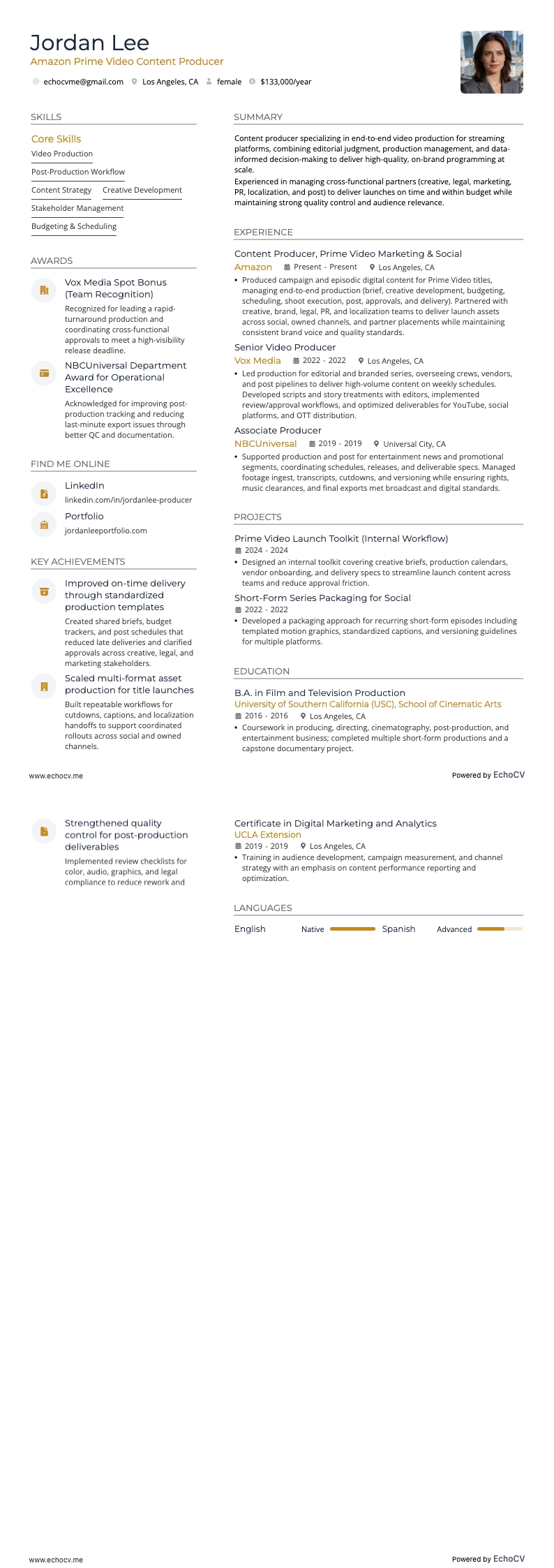 Amazon Prime Video Content Producer example resume