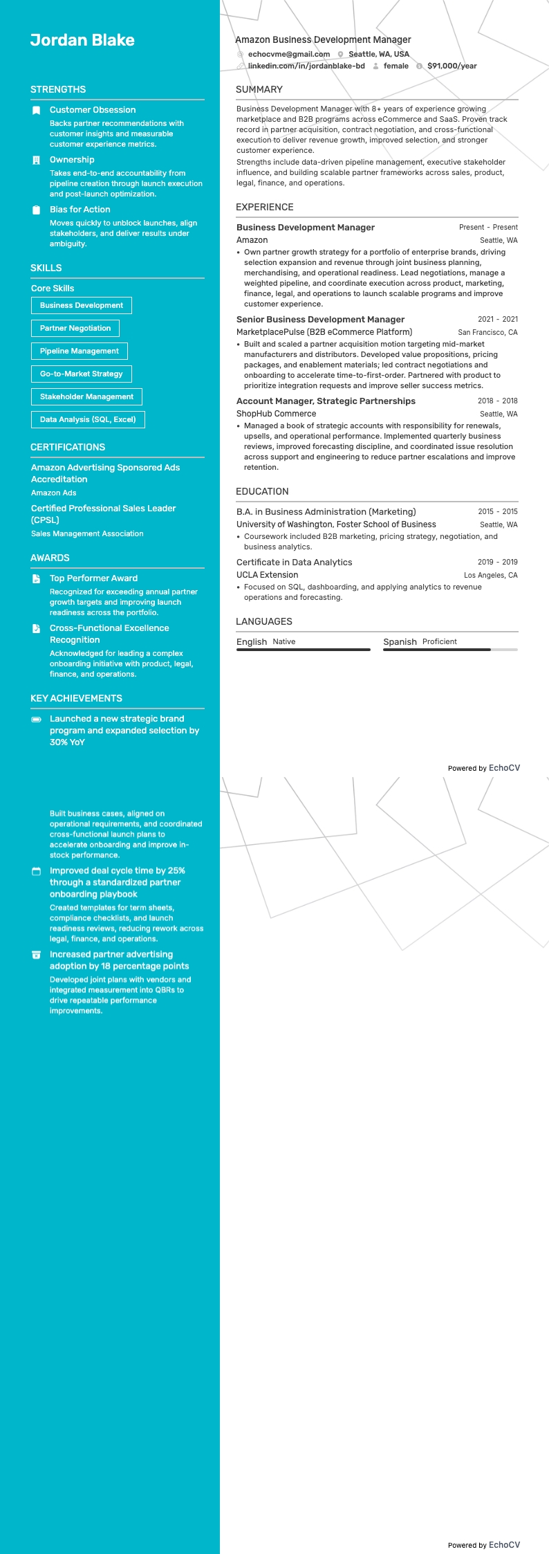 Amazon Business Development Manager example resume