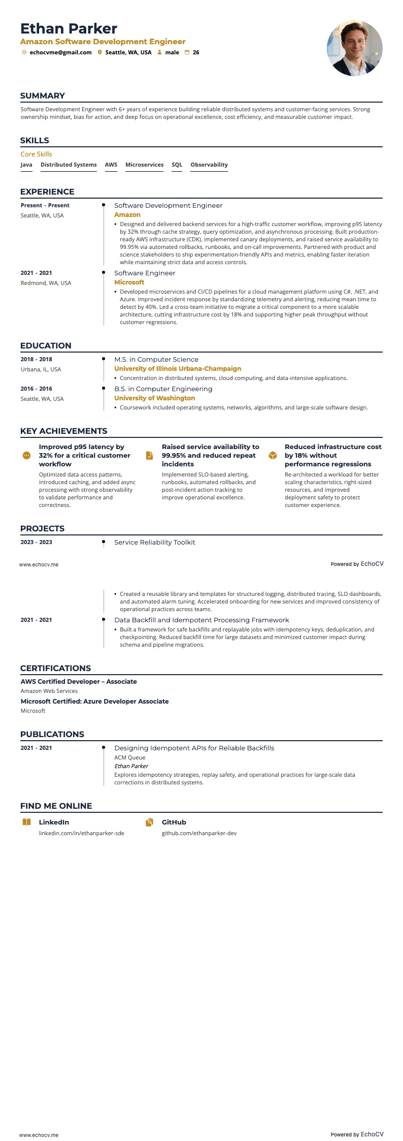 Amazon Software Development Engineer example resume
