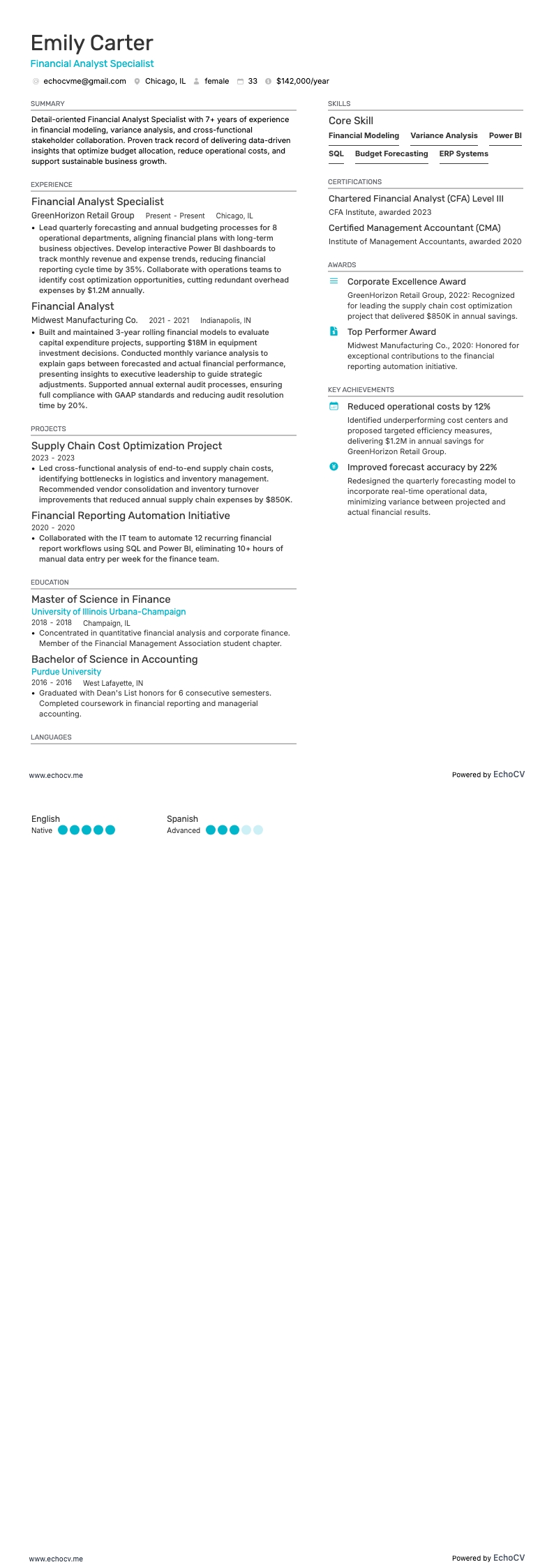 Financial Analyst Specialist example resume