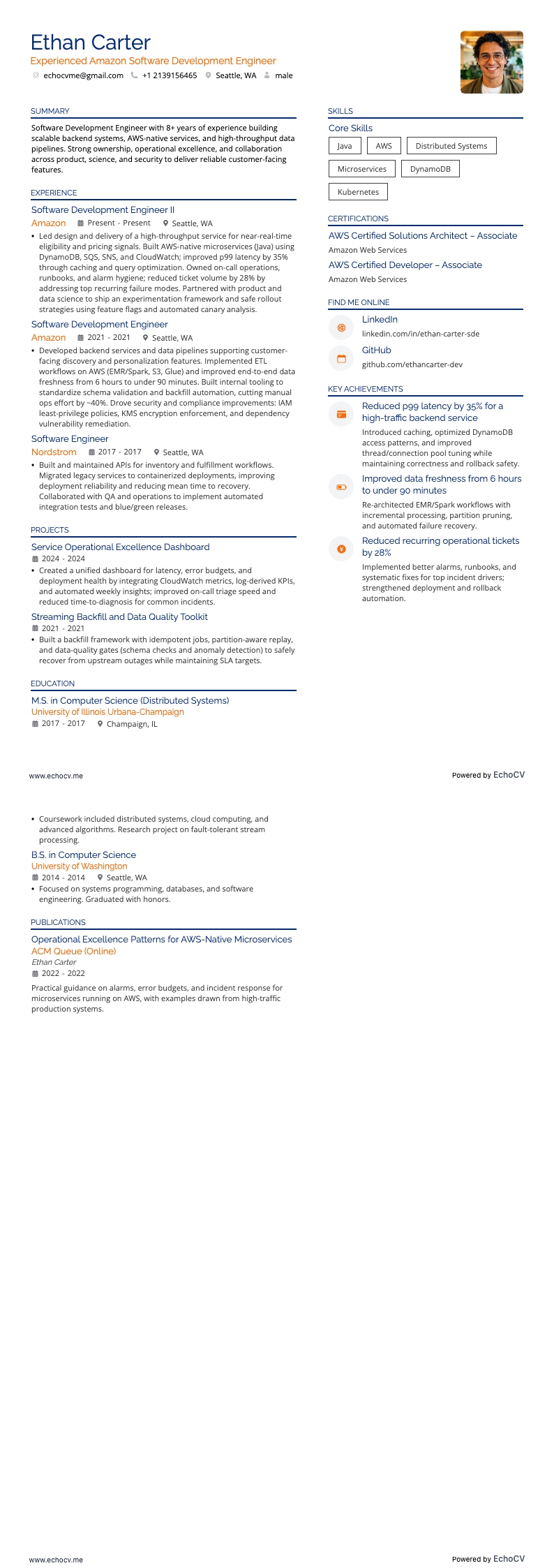 Experienced Amazon Software Development Engineer example resume